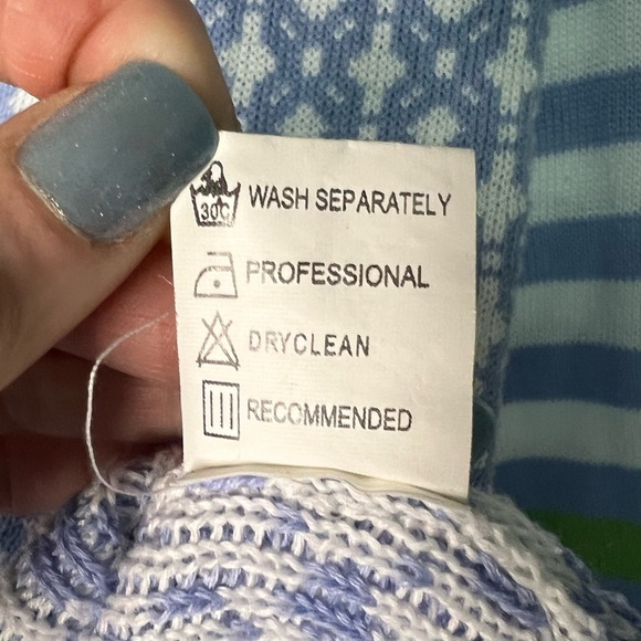 MISSLOOK Periwinkle, White, Blue, Lime Green and Pink Flower Rosette Sweater - Picture 9 of 9